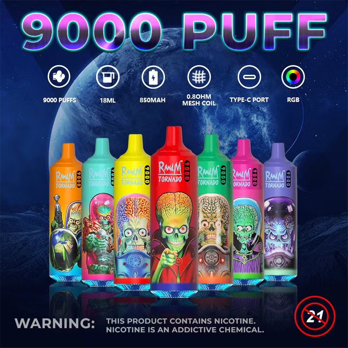 RandM Tornado 9000 Vape wird mit einem 850-mAh-Akku geliefert
