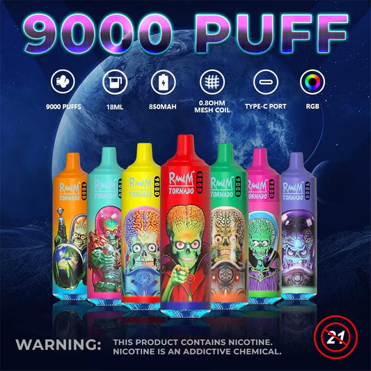 RandM Tornado 9000 Vape wird mit einem 850-mAh-Akku geliefert